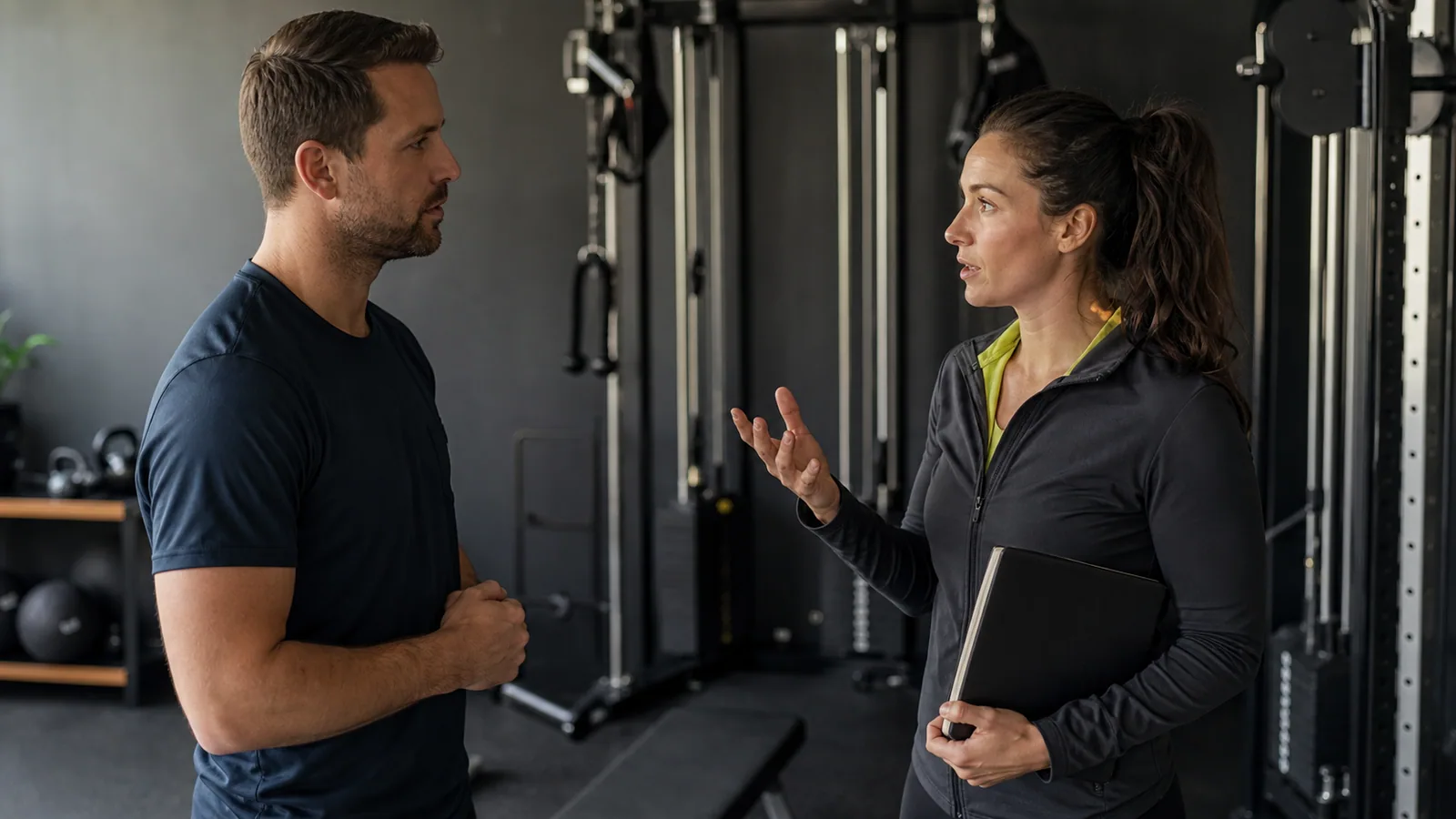 A trainer and athlete discussing expectations in a gym
