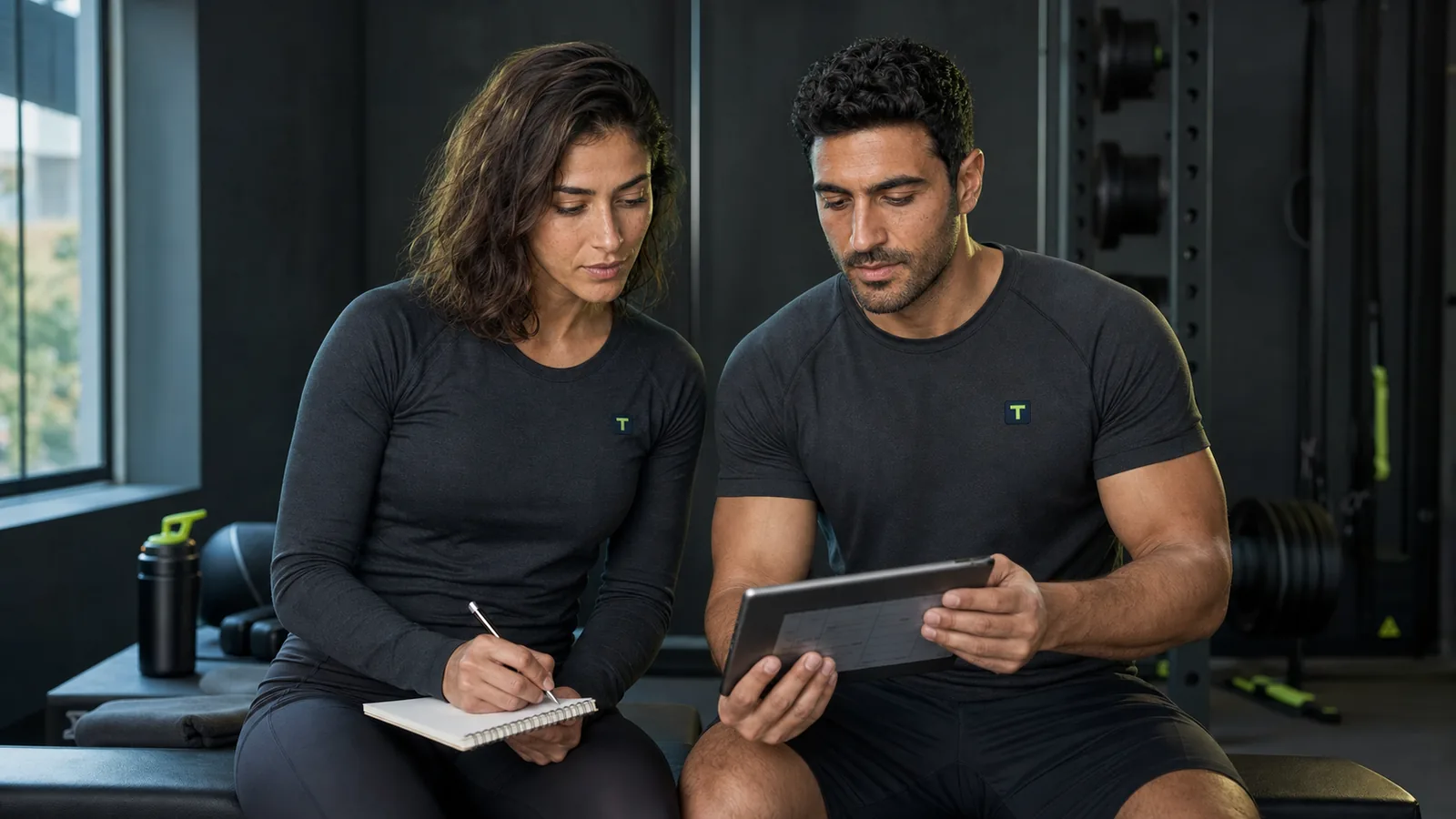 Online trainer ve sporcunun haftalık antrenman planını tablet ve not defteri üzerinden birlikte incelemesi