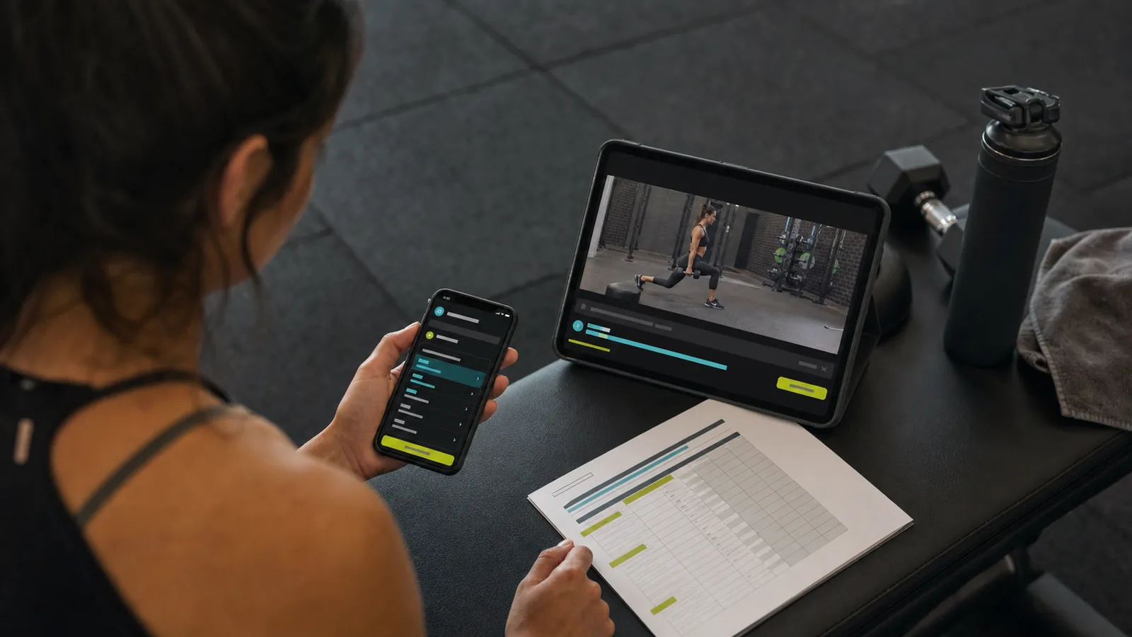Sporcunun program tablosu, telefon ve altyazılı egzersiz videosunu birlikte kontrol etmesi