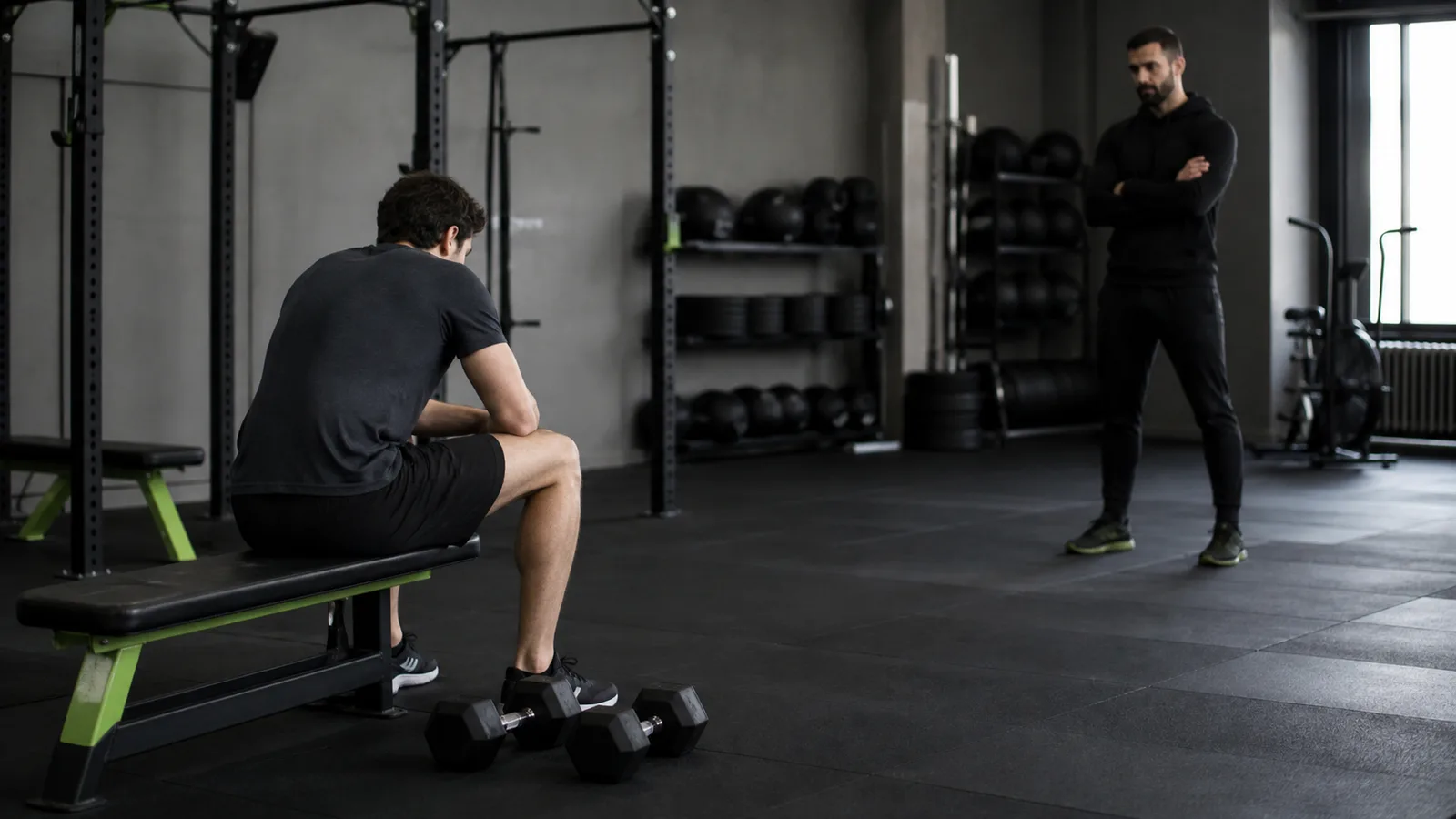 Dambıl setinden sonra dinlenen sporcu ve antrenman alanındaki trainer