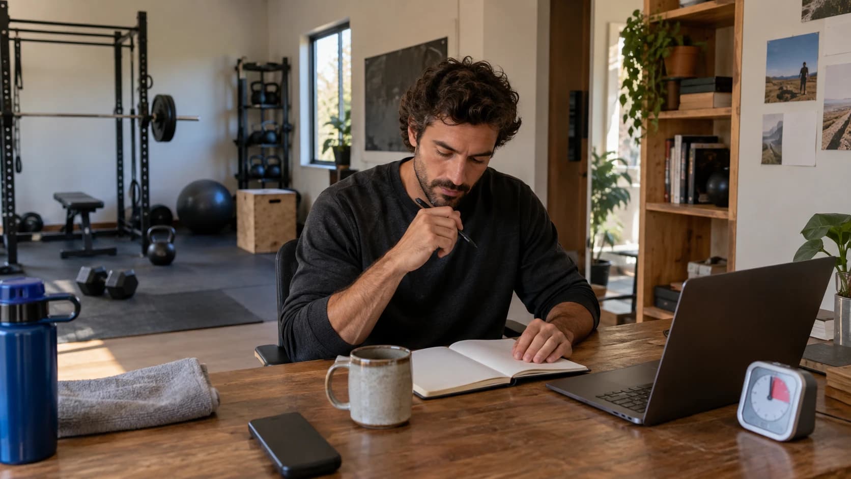 Trainerın antrenman alanının yanında laptop ve not defteriyle haftalık iş yükünü gözden geçirmesi
