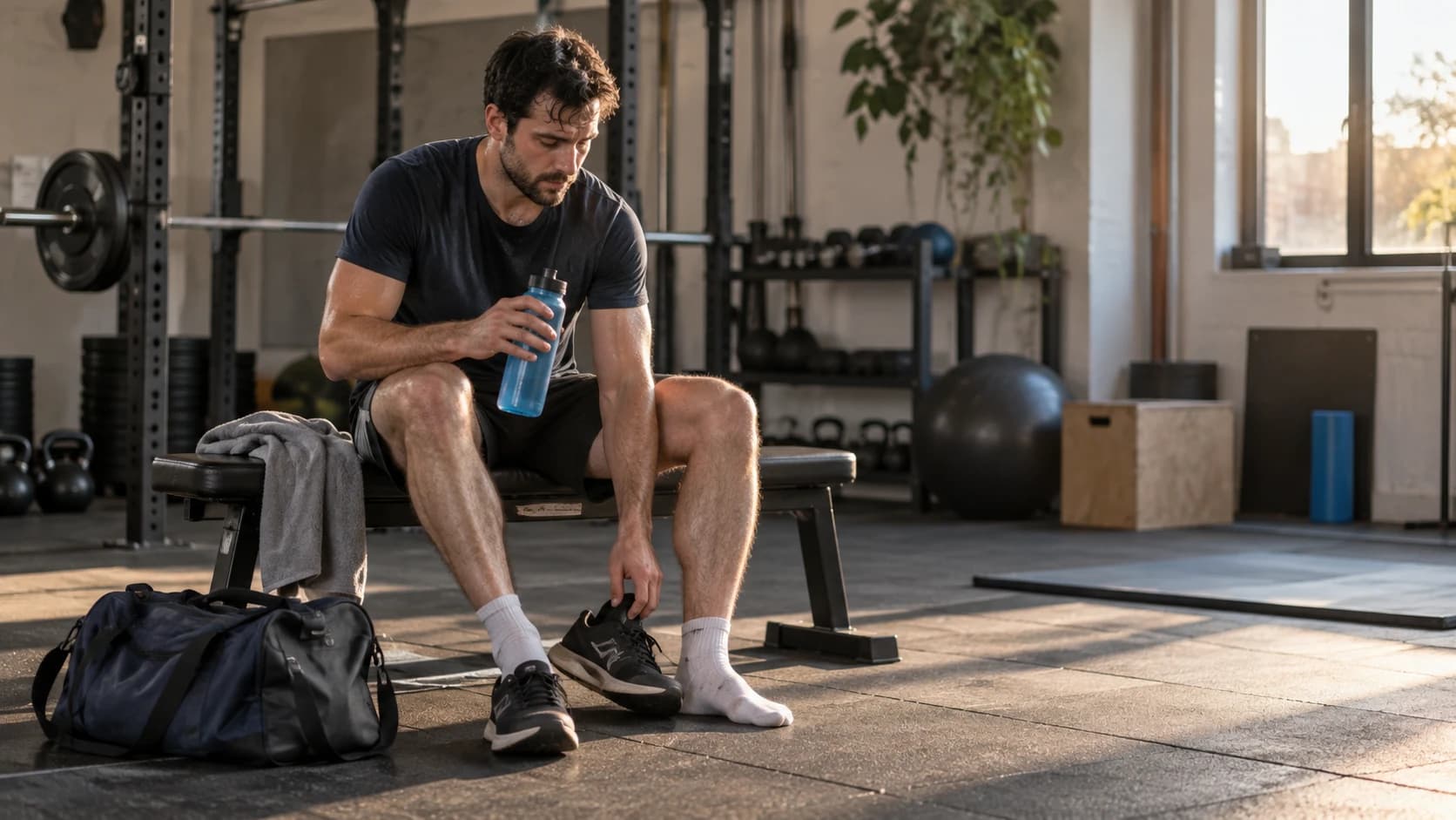 Antrenman sonrasında spor salonunda ayakkabısını değiştiren yetişkin sporcu
