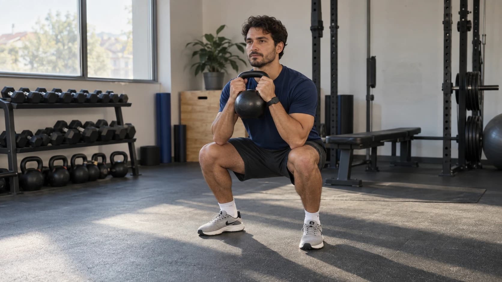 Spor salonunda kettlebell ile kontrollü çömelme yapan yetişkin sporcu