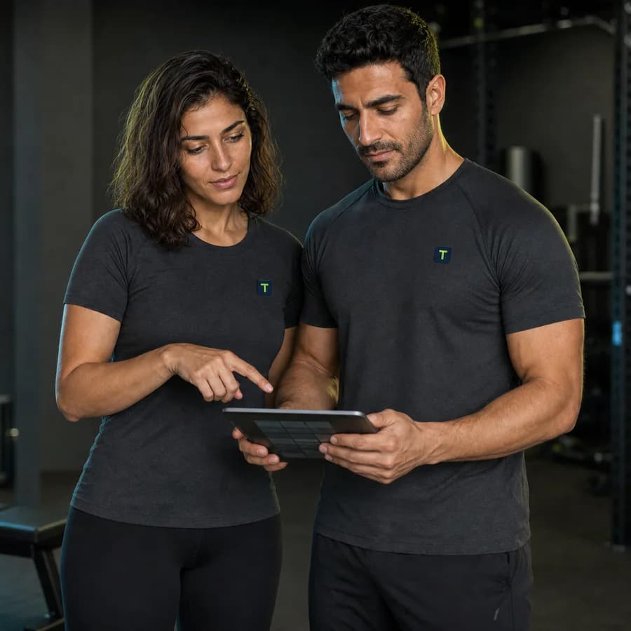 TrainPact's fictional female and male brand models reviewing a training plan together on a tablet