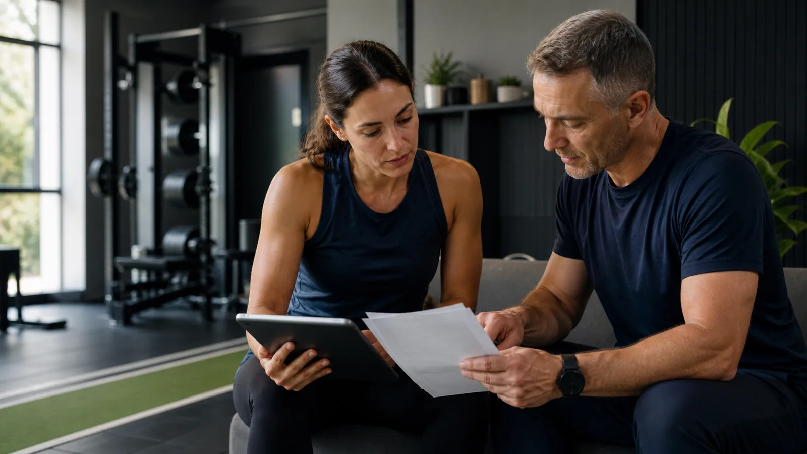 An athlete and personal trainer reviewing a written training plan together