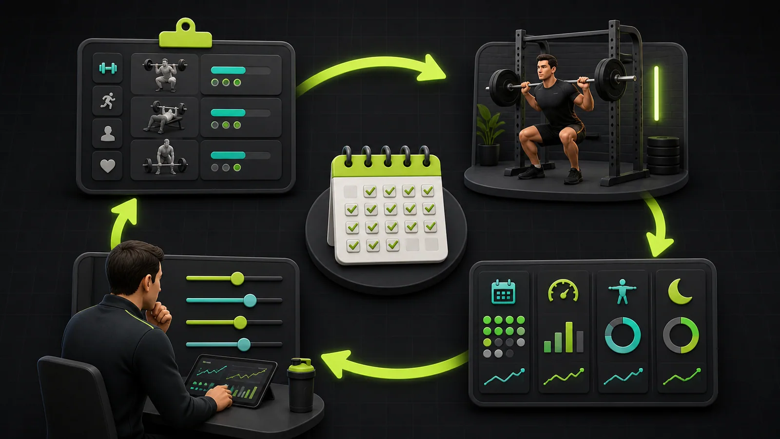A coaching feedback loop connecting a training plan, athlete and progress review