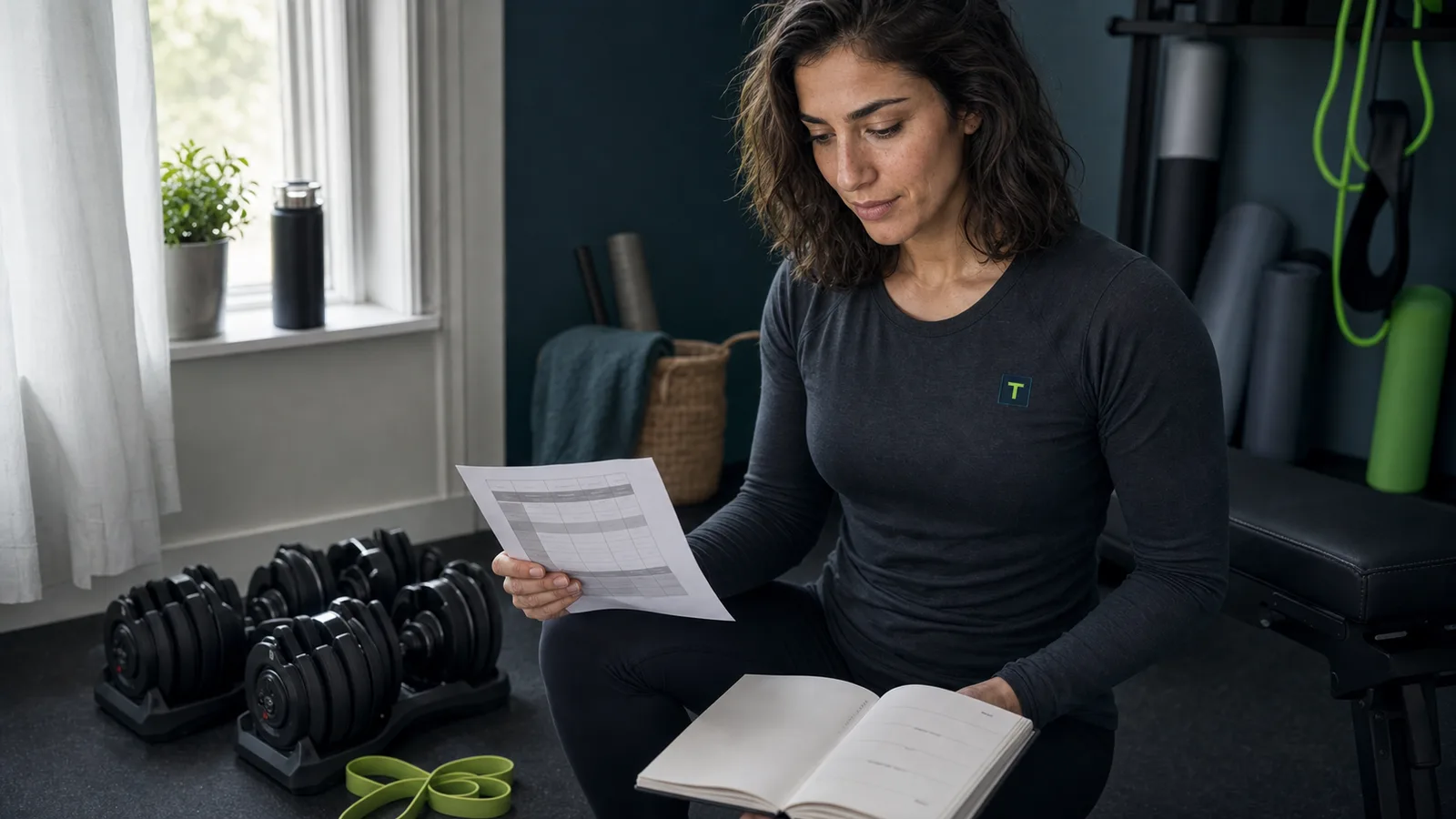 An athlete compares a workout plan with the equipment and time available at home