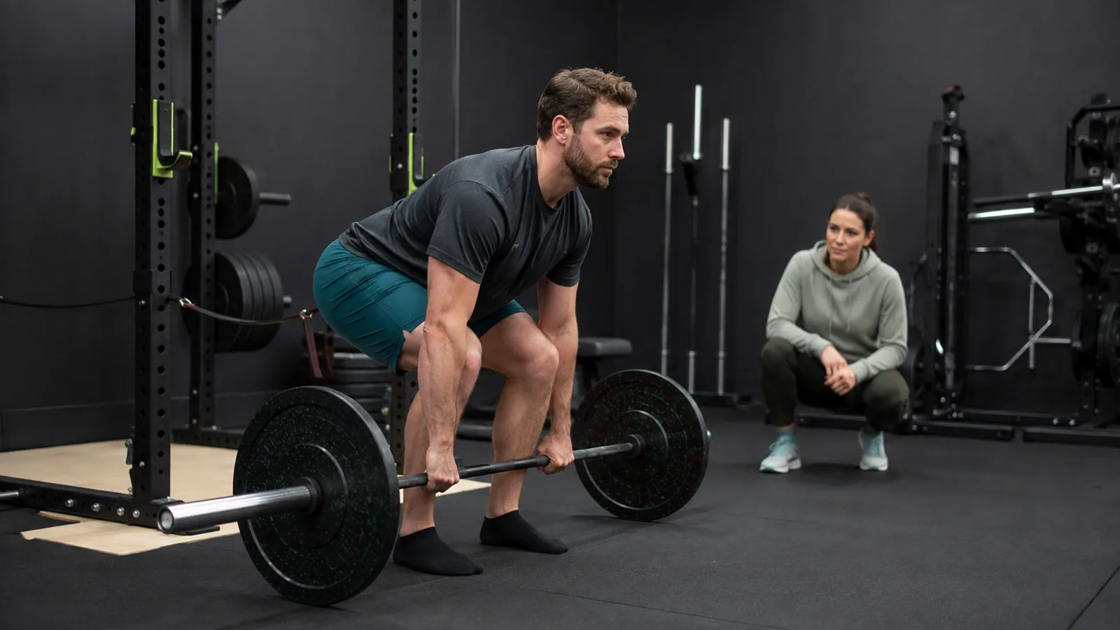 Trainer gözetiminde kontrollü bir çalışma seti yapan yetişkin sporcu