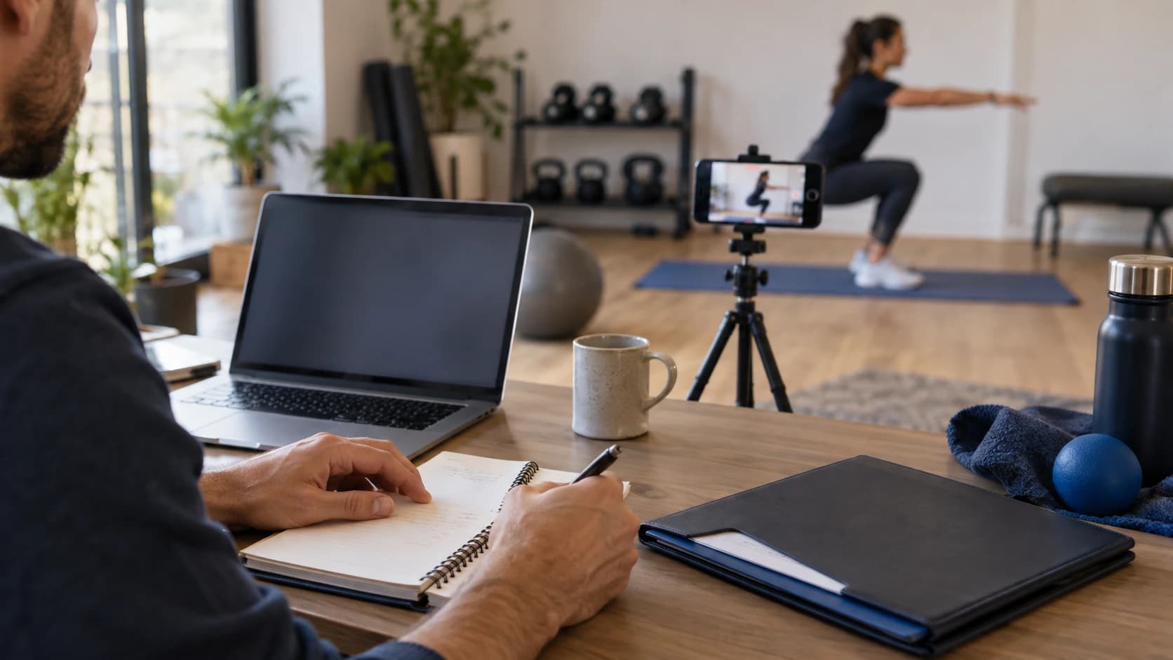 Trainerın laptop, telefon ve not defteriyle egzersiz programı teslimatlarını hazırlaması