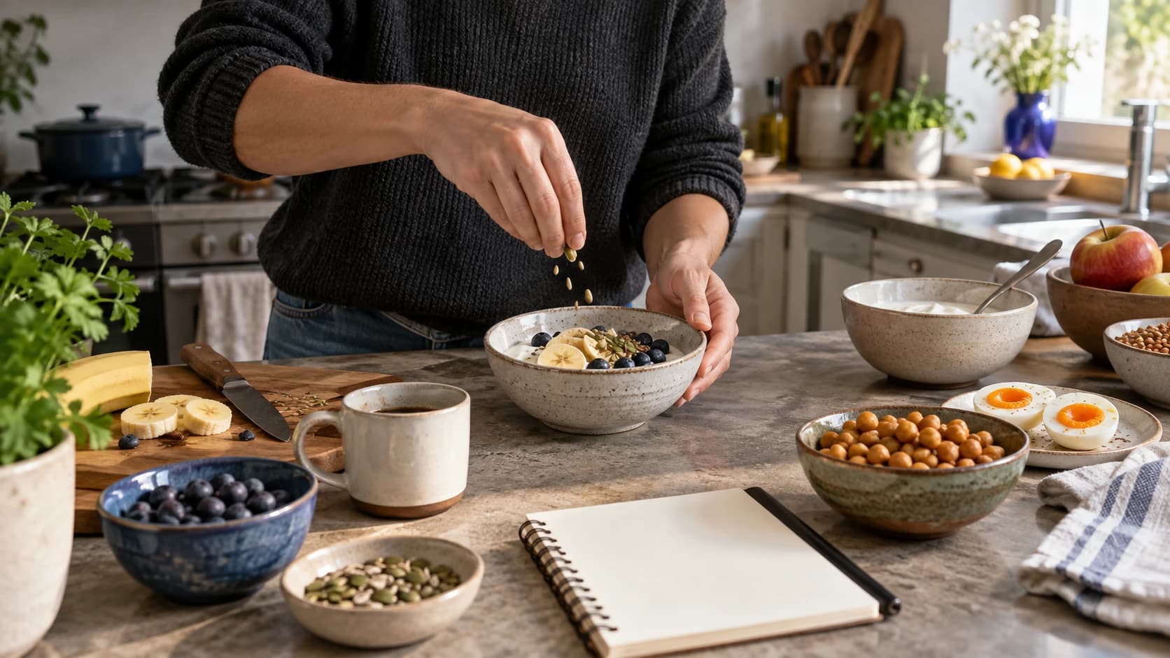 Öğün planının yanında protein kaynaklarını ve hesap notlarını gösteren mutfak masası