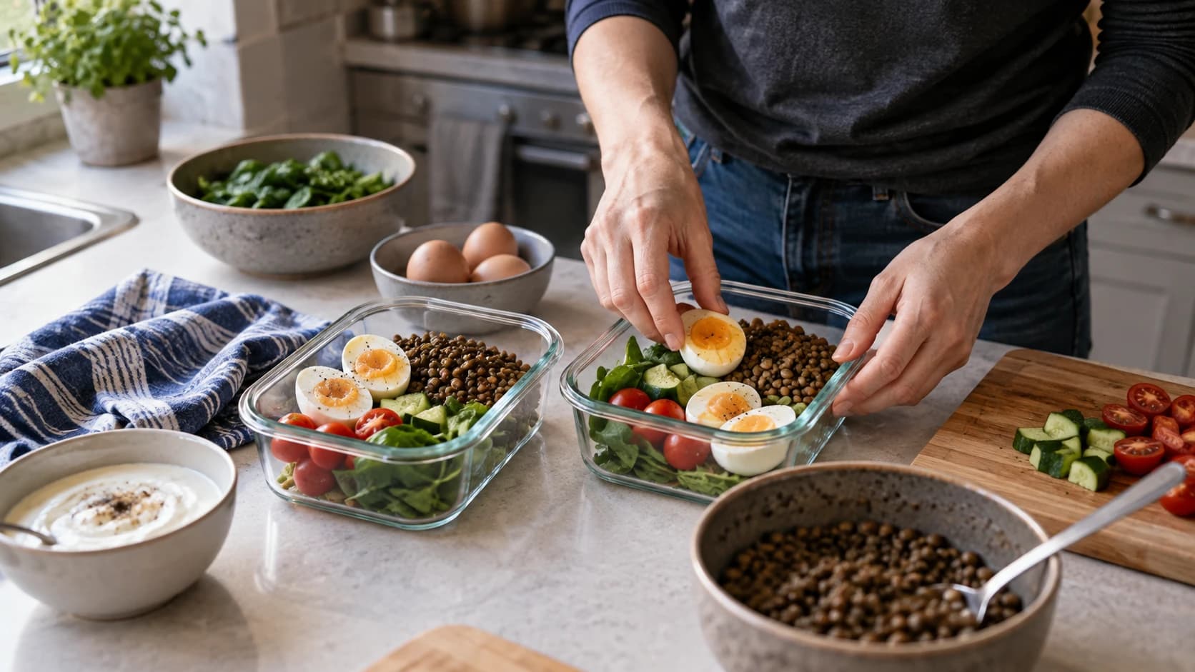 Yumurta, mercimek ve sebzelerle iki pratik öğün kabı hazırlayan yetişkin
