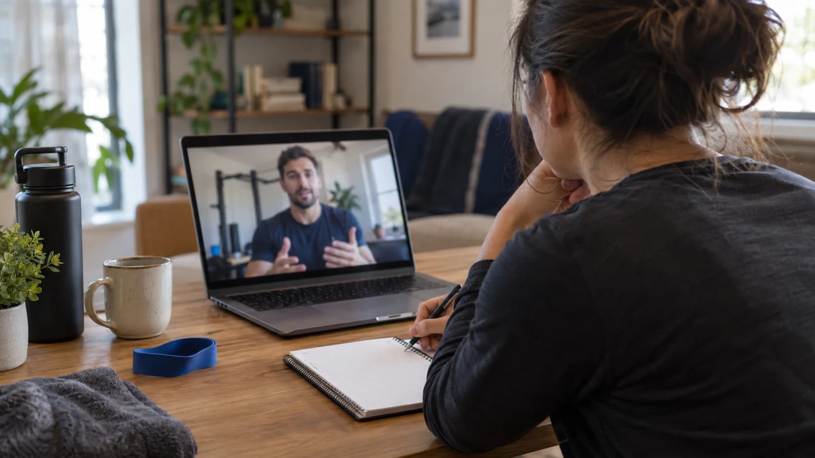 Laptop üzerinden trainer ile görüşürken not alan yetişkin sporcu