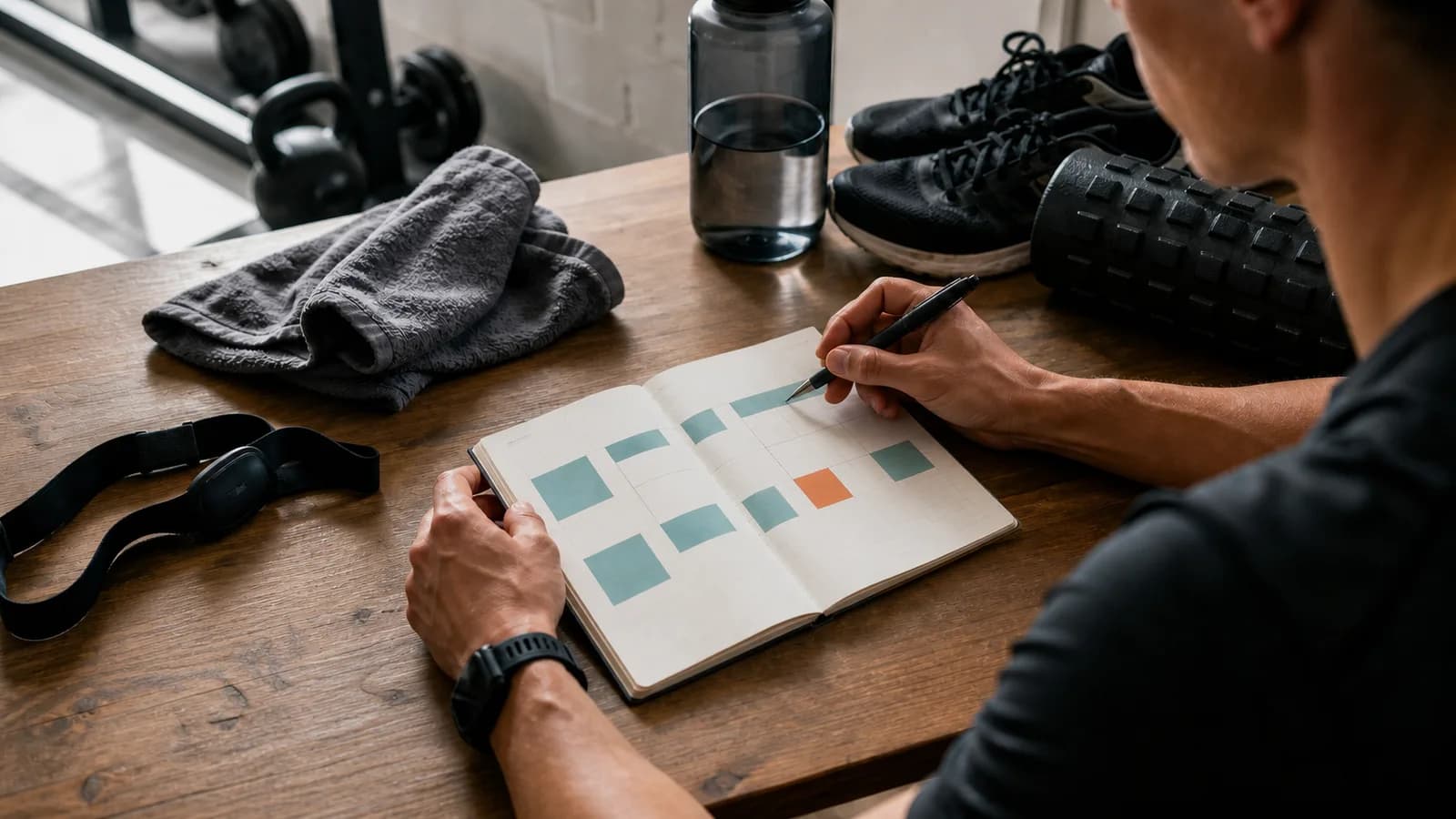 A weekly training and recovery plan being arranged in a notebook
