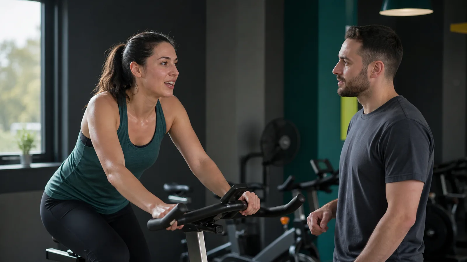 An athlete speaking with a trainer during a controlled cardio session