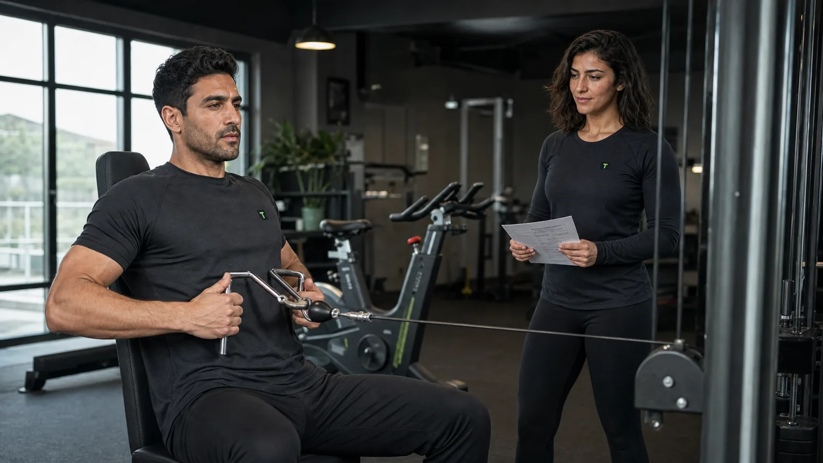A trainer reviews the session plan as an athlete finishes upper-body strength work near a stationary bike