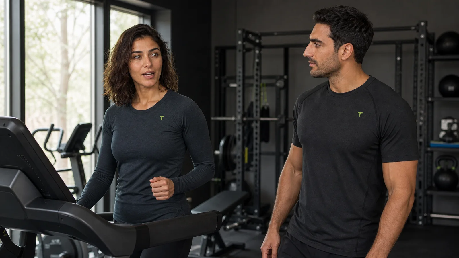 An athlete talks comfortably with her trainer while walking at an easy pace on a treadmill