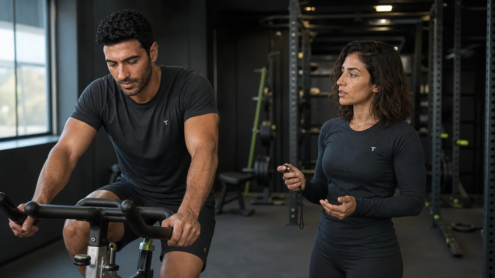 An athlete doing steady indoor cycling while a trainer checks his conversational effort